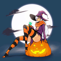 Rule 34 | 1girl, absurdres, alcohol, arm support, belt, black belt, black thighhighs, breasts, charlotte smoothie, cleavage, cloud, cup, dress, drink, drinking glass, feet, female focus, full body, full moon, gloves, hair over one eye, halloween, hat, highres, holding, holding cup, izra, jack-o&#039;-lantern, knee up, looking at viewer, medium breasts, moon, night, night sky, no shoes, one piece, orange gloves, orange socks, outdoors, pumpkin, purple dress, purple hat, sitting, sky, socks, solo, striped clothes, striped socks, tagme, thighhighs, two-tone legwear, white hair, wine glass, witch, witch hat