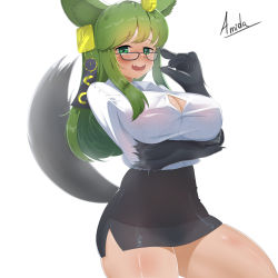Rule 34 | 1girl, absurdres, amidasketchbook, animal ears, animal hands, anubis (monster girl encyclopedia), artist name, bad id, bad pixiv id, black shirt, blush, breasts, claws, cleavage, dress shirt, fangs, glasses, green eyes, green hair, hair ornament, highres, jackal ears, jackal tail, large breasts, monster girl, monster girl encyclopedia, office lady, open mouth, shirt, sidelocks, skirt, smile, solo, thighs, white shirt