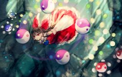 Rule 34 | 1girl, ascot, blurry, bokeh, bow, brown hair, closed mouth, commentary request, depth of field, detached sleeves, flying, hair between eyes, hair bow, hair tubes, hakurei reimu, long hair, nontraditional miko, orb, red bow, red eyes, sanuo, serious, sketch, solo, touhou, yellow ascot, yin yang, yin yang orb