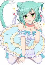 Rule 34 | 1girl, :d, animal ear fluff, animal ears, bang dream!, bare shoulders, blue choker, blue dress, blue nails, blush, bow, braid, breasts, cat ears, cat girl, cat tail, choker, cleavage, commentary request, dress, fang, frilled dress, frills, full body, green bow, green eyes, green hair, hair bow, hand up, heart, hikawa hina, looking at viewer, medium breasts, nail polish, open mouth, pleated dress, shadow, smile, solo, sonosakiburi, sparkle, tail, tail raised, thighhighs, twin braids, white background, white bow, white thighhighs