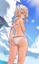 Rule 34 | 1girl, absurdres, adjusting clothes, ass, back, bare shoulders, blonde hair, blue sky, blush, breasts, closed mouth, cloud, day, feet out of frame, flower, from behind, genshin impact, hair flower, hair ornament, highres, looking at viewer, looking back, lumine (genshin impact), orange eyes, orobou, outdoors, scarf, short hair with long locks, sidelocks, sky, small breasts, solo, sparkle, standing, white flower, white scarf