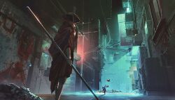 Rule 34 | 1other, air conditioner, ajirogasa, alley, android, balcony, building, cat, city, city lights, cyberpunk, dirty, glowing, hat, highres, holding, holding pole, industrial pipe, joints, night, nin0019, outdoors, pole, red robe, robe, robot joints, running, scenery, stray (game), zurk (stray)
