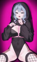 Rule 34 | 1girl, absurdres, alternate costume, alternate hairstyle, aqua eyes, aqua hair, black hoodie, black leotard, breasts, clothes lift, commentary, covered navel, educk, finger to mouth, fishnet thighhighs, fishnets, hair between eyes, hatsune miku, highleg, highleg leotard, highres, hood, hood up, hoodie, hoodie lift, index finger raised, leotard, leotard under clothes, lifted by self, long sleeves, mask, mask lift, medium breasts, mouth mask, pink background, puffy long sleeves, puffy sleeves, pure pure (rabbit hole), rabbit hole (vocaloid), shushing, simple background, sitting, solo, spread legs, symbol-only commentary, thighhighs, white mask