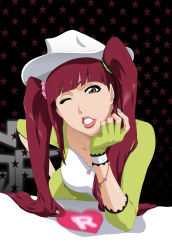 Rule 34 | bleach, brown eyes, dokugamine riruka, hat, highres, lipstick, makeup, red hair, smile, stiky finkaz, third-party edit, twintails, vector trace, wink