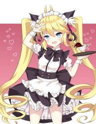 Rule 34 | 1girl, :d, andrea doria (warship girls r), animal ears, apron, arm up, black bow, black skirt, blonde hair, blue eyes, blush, bow, breasts, cat ears, collared shirt, commentary request, cup, frilled apron, frills, hair between eyes, head tilt, heart, holding, holding tray, jiucheng nainai, long hair, maid, maid headdress, open mouth, puffy short sleeves, puffy sleeves, ringlets, shirt, short sleeves, sidelocks, skirt, small breasts, smile, solo, teacup, thick eyebrows, tray, twintails, v, v-shaped eyebrows, very long hair, waist apron, warship girls r, white apron, white shirt, wrist cuffs