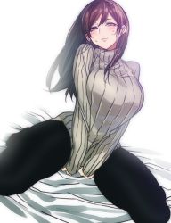 Rule 34 | 1girl, bad id, bad twitter id, black hair, black pantyhose, blush, breasts, earrings, female focus, highres, hohehohe, jewelry, kneeling, large breasts, long hair, on bed, pantyhose, ribbed sweater, solo, stud earrings, sweater, taut clothes, turtleneck, v arms