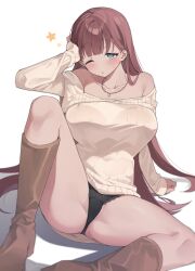 Rule 34 | 1girl, :o, bare shoulders, black panties, blunt bangs, blush, boots, breasts, brown footwear, brown hair, brown sweater, collarbone, commentary, feet out of frame, grey eyes, groin, hand on ground, hand up, highres, jewelry, large breasts, long hair, long sleeves, looking at viewer, lvemhrd, necklace, no pants, off-shoulder sweater, off shoulder, one eye closed, original, panties, ribbed sweater, simple background, sitting, solo, spread legs, star (symbol), sweat, sweater, thighs, underwear, very long hair, white background