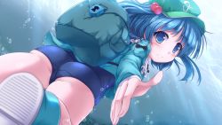 Rule 34 | 1girl, ass, backpack, bag, blue eyes, blue hair, boots, bubble, hair bobbles, hair ornament, hat, highres, kawashiro nitori, long sleeves, looking at viewer, lzh, matching hair/eyes, no pants, outstretched hand, rubber boots, school swimsuit, shirt, smile, solo, swimsuit, swimsuit under clothes, touhou, twintails, two side up, underwater