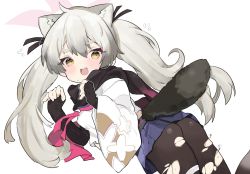 Rule 34 | animal ears, blue archive, commentary request, fingerless gloves, gloves, grey hair, halo, highres, long hair, long sleeves, looking at viewer, michiru (blue archive), scarf, school uniform, simple background, tail, torn clothes, torn legwear, twintails, white background, yellow eyes, zeru (wisel army)