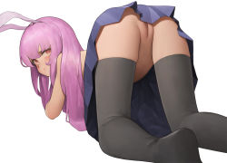 Rule 34 | 1girl, all fours, animal ears, bad id, bad pixiv id, black thighhighs, blush, censored, cleft of venus, embarrassed, mosaic censoring, ni (221), no panties, pleated skirt, presenting, purple hair, pussy, rabbit ears, red eyes, reisen udongein inaba, simple background, skindentation, skirt, solo, thighhighs, topless, touhou, upskirt, white background
