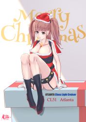 Rule 34 | 1girl, absurdres, alternate costume, artist name, atlanta (kancolle), text background, black footwear, breasts, brown hair, capelet, christmas, christmas present, cleavage, commentary, earrings, english commentary, english text, garter belt, gift, gloves, grey eyes, hat, highres, jewelry, kantai collection, large breasts, merry christmas, miraimiraimiku, partially fingerless gloves, red capelet, santa costume, santa hat, sitting, solo, star (symbol), star earrings, twintails, two side up, white gloves
