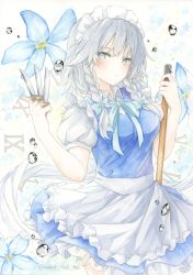 Rule 34 | 1girl, apron, aqua bow, aqua ribbon, blue eyes, blue flower, blue skirt, blue vest, bow, braid, closed mouth, collared shirt, commentary, cowboy shot, flower, grey hair, hair bow, highres, holding, holding knife, izayoi sakuya, knife, long hair, looking at viewer, maid, maid apron, maid headdress, neck ribbon, painting (medium), puffy short sleeves, puffy sleeves, ribbon, roman numeral, shirt, short sleeves, skirt, solo, sweet miuk tea, throwing knife, touhou, traditional media, twin braids, twitter username, vest, watercolor (medium), weapon, white shirt, wing collar