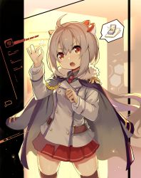 Rule 34 | 1girl, ahoge, grey hair, hair ornament, highres, jacket, jacket on shoulders, jewelry, lino-lin, long hair, miniskirt, necktie, ok sign, open mouth, ornate ring, pleated skirt, ponytail, red eyes, ring, ryuujou (warship girls r), skirt, solo, thighhighs, uniform, warship girls r, wedding ring, zettai ryouiki