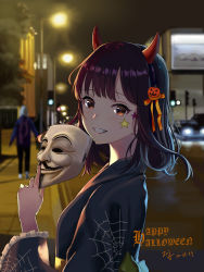 Rule 34 | 1girl, absurdres, azur lane, black hair, blurry, brown eyes, building, car, character request, dated, depth of field, english text, fake horns, fingernails, grin, guy fawkes mask, hair ornament, halloween, halloween costume, happy halloween, highres, holding, holding mask, hood, hoodie, horns, jack-o&#039;-lantern, jack-o&#039;-lantern hair ornament, japanese clothes, kimono, lamppost, looking at viewer, looking back, making-of available, mask, unworn mask, medium hair, motor vehicle, night, outdoors, road, sidewalk, signature, smile, solo focus, spider web print, teeth, traffic light, tree, yukata, zeng$ (zwj)