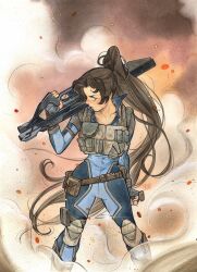 Rule 34 | 1girl, ammunition pouch, black gloves, black hair, blue bodysuit, blue eyes, blush, bodysuit, brown vest, bulletproof vest, collarbone, contra, contra: operation galuga, cropped vest, fingerless gloves, floating hair, frown, glint, gloves, gun, highres, holding, holding gun, holding knife, holding weapon, knife, long hair, looking at viewer, lucia (contra), lucia drake, official art, over shoulder, peach momoko, petals, ponytail, pouch, reverse grip, smoke, solo, very long hair, vest, weapon, weapon over shoulder