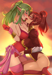 Rule 34 | 2girls, absurdres, anna (fire emblem), armlet, ass, beach, blush, boots, bow, breasts, cleavage, cleavage cutout, clothing cutout, collar, collarbone, dress, eyelashes, fingering, fingernails, fire emblem, fire emblem awakening, fire emblem heroes, french kiss, gloves, green eyes, green hair, hair between eyes, hair ornament, high heel boots, high heels, highres, kiss, kneeling, lainart, large breasts, long hair, looking at another, multiple girls, nintendo, no panties, open mouth, parted bangs, pink bow, pink legwear, pink ribbon, pink sash, pointy ears, ponytail, pussy, red dress, red eyes, red gloves, red hair, red legwear, ribbon, saliva, saliva trail, sash, sunset, thigh boots, thighhighs, thighhighs under boots, thighs, tiki (fire emblem), tongue, tongue out, wide hips, wrist cuffs, yuri
