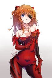 Rule 34 | 1girl, blue eyes, bodysuit, bodysuit aside, breasts, brown hair, expressionless, eyepatch, highres, l-phy, neon genesis evangelion, plugsuit, rebuild of evangelion, red bodysuit, shiny clothes, souryuu asuka langley, standing, two side up, undressing, wide hips
