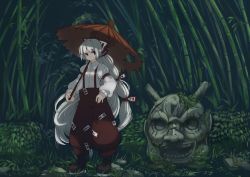 Rule 34 | 1girl, bad id, bad pixiv id, bamboo, bamboo forest, bow, female focus, forest, fujiwara no mokou, fuurin (omaemona), hair bow, long hair, nature, oil-paper umbrella, outdoors, pants, parasol, plant, red eyes, ribbon, ruins, scenery, silver hair, solo, statue, suspenders, touhou, umbrella