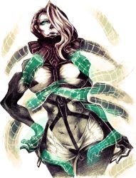 Rule 34 | 1girl, breasts, cowboy shot, cyborg, disembodied hand, extra arms, glowing, glowing eye, green eyes, hair over one eye, hand on own hip, highres, large breasts, lips, long hair, metal gear (series), metal gear rising: revengeance, mistral (metal gear rising), nose, riftka, solo, wide hips