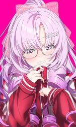 Rule 34 | 00 00mare, 1girl, blush, bow, drill hair, drill sidelocks, glasses, hair bow, hair ornament, hairclip, head tilt, highres, hyakumantenbara salome, hyakumantenbara salome (casual), jacket, light purple hair, long hair, long sleeves, looking at viewer, nijisanji, official alternate costume, parted bangs, pink background, pink bow, ponytail, purple eyes, red track suit, ringlets, sidelocks, simple background, smile, solo, teeth, track jacket, virtual youtuber, zipper, zipper pull tab