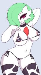 Rule 34 | animal print, bikini, breasts, clothed pokemon, cow print, creatures (company), game freak, games, gardevoir, gen 3 pokemon, highres, large breasts, looking at viewer, navel, nintendo, pinkcappachino, pokemon, pokemon (creature), simple background, smile, solo, swimsuit