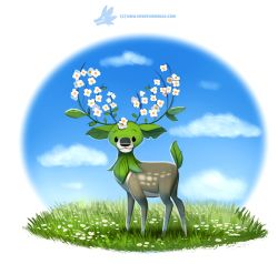 Rule 34 | :3, antlers, black eyes, closed mouth, creature, cryptid creations, day, deer, fawn, field, flower, flower field, full body, horns, leaf, no humans, original, simple background, smile, standing, white background, white flower