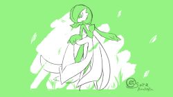 Rule 34 | 1girl, artist name, bob cut, colored skin, creatures (company), female focus, flat chest, full body, game freak, gardevoir, gen 3 pokemon, grass, green background, green eyes, green hair, green skin, green theme, hair over one eye, hand up, legs, lifted by self, looking down, looking to the side, matching hair/eyes, monochrome, multicolored skin, nintendo, one eye covered, pokemon, pokemon (creature), short hair, signature, sketch, solo, sora (sorakuuhaku), standing, twitter username, two-tone skin, white skin