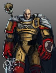 Rule 34 | absurdres, adeptus astartes, armor, artificial eye, artist name, artist request, bald, bionic, cape, crossover, genos, gradient background, heraldry, highres, mechanical eye, mechanical parts, one-punch man, power armor, power glove, power suit, saitama (one-punch man), second-party source, servo-skull, signature, simple background, skull, space marine, warhammer 40k, yellow armor