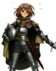 Rule 34 | 1girl, armor, armored legwear, blush, brown hair, cape, commentary, cuirass, full armor, gauntlets, grey eyes, helmet, highres, holding, holding helmet, holding sword, holding weapon, looking at viewer, medium hair, original, parted lips, sheath, simple background, smile, solo, standing, sword, unsheathed, vile domple, weapon, white background, yellow cape
