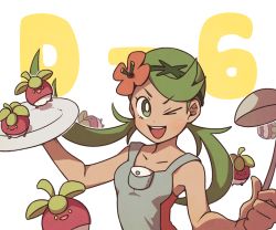 Rule 34 | 1girl, ;d, bounsweet, countdown, creatures (company), dark-skinned female, dark skin, flower, game freak, gen 7 pokemon, green eyes, green hair, hair flower, hair ornament, holding, holding plate, ladle, long hair, mallow (pokemon), matching hair/eyes, nintendo, one eye closed, open mouth, overalls, plate, pokemon, pokemon (creature), pokemon sm, simple background, smile, solo focus, ssalbulre, tray, trial captain, twintails, upper body, white background
