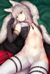 Rule 34 | 1girl, animal ear fluff, animal ears, bare shoulders, black gloves, black vest, blanket, character request, closed mouth, commentary request, elbow gloves, flat chest, fox ears, fur trim, gloves, gluteal fold, green eyes, hands up, head tilt, highres, jewelry, kageshio (276006), long hair, looking at viewer, lying, navel, necklace, on back, open clothes, pants, sennen sensou aigis, silver hair, skin tight, smile, solo, stomach, vest, white pants