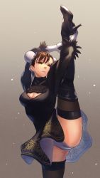Rule 34 | 1girl, absurdres, alternate costume, black footwear, black thighhighs, boots, breasts, brown eyes, brown hair, capcom, chun-li, cleavage, clothing cutout, commentary request, cosplay, double bun, dress, feather trim, gloves, gradient background, hair bun, hara kenshi, high heel boots, high heels, highres, long sleeves, medium breasts, mole, mole under mouth, nier:automata, nier (series), panties, parted lips, puffy sleeves, shoe soles, simple background, solo, split, standing, standing on one leg, standing split, street fighter, thigh boots, thighhighs, thighs, underwear, white panties, 2b (nier:automata), 2b (nier:automata) (cosplay)
