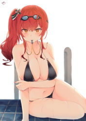Rule 34 | 1girl, ahoge, arm support, azur lane, bikini, black bikini, blush, breasts, cleavage, collarbone, commentary request, goggles, goggles on head, hair ornament, highres, large breasts, long hair, looking at viewer, mouth hold, muuran, navel, o-ring, o-ring bikini, red hair, side ponytail, sitting, skindentation, smile, solo, swimsuit, wet, whistle, whistle around neck, yokozuwari, zara (azur lane), zara (poolside coincidence) (azur lane)