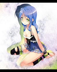 Rule 34 | 1girl, anklet, bangle, barefoot, blue hair, bra strap, bracelet, breasts, chemise, cleavage, feet, female focus, full body, green eyes, hands on feet, jewelry, kousaki rui, letterboxed, original, see-through, seiza, shadow, sitting, smile, solo, thighhighs, toeless legwear, toes, torn clothes, torn thighhighs