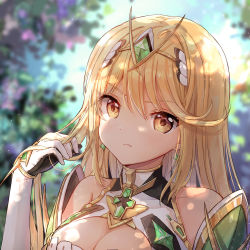 Rule 34 | 1girl, blonde hair, blush, breasts, chest jewel, cleavage, cleaver, earrings, elbow gloves, gem, gloves, hair ornament, headpiece, highres, jewelry, large breasts, looking at viewer, luli ovo, monolith soft, mythra (xenoblade), nintendo, solo, swept bangs, tiara, upper body, xenoblade chronicles (series), xenoblade chronicles 2, yellow eyes