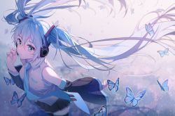 Rule 34 | 1girl, black skirt, black sleeves, black thighhighs, blue eyes, blue hair, blue necktie, bug, butterfly, collared shirt, detached sleeves, floating hair, hair between eyes, hair ornament, hatsune miku, headphones, headset, insect, long hair, long sleeves, microphone, miniskirt, necktie, nogi lace, pleated skirt, shirt, skirt, sleeveless, sleeveless shirt, solo, thighhighs, twintails, very long hair, vocaloid, white shirt, wing collar, zettai ryouiki