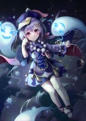 Rule 34 | 1girl, absurdres, bead necklace, beads, blue theme, blush, braid, coin, coin hair ornament, floating, genshin impact, ghost, hair between eyes, hair ornament, hat, highres, huge filesize, jewelry, jiangshi, long sleeves, looking at viewer, mirage (rairudiseu), necklace, night, night sky, purple eyes, purple hair, purple headwear, qingdai guanmao, qiqi (genshin impact), short hair, sky, smile, snowflakes, snowing, spirit, star (sky), starry sky, talisman, thighhighs, white thighhighs, wide sleeves