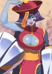 Rule 34 | 1girl, :p, akisu k, blue eyes, blue skin, breasts, capcom, claws, cleavage, cleavage cutout, clothing cutout, colored skin, hat, jiangshi, large breasts, lei lei, pants, purple hair, purple skin, revealing clothes, short hair, sleeveless, tongue, tongue out, undead, vampire (game)