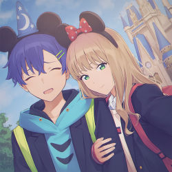 Rule 34 | 1boy, 1girl, :d, ^ ^, arm hug, asanaka yomogi, black jacket, blue hair, blue headwear, blue hoodie, blue sky, blush, bow, brown hair, castle, closed eyes, closed mouth, cloud, cloudy sky, collared shirt, commentary request, crescent moon, dating, day, disneyland, eyebrows hidden by hair, facing viewer, green eyes, gridman universe, hair between eyes, hair ornament, hairclip, hat, hood, hood down, hoodie, jacket, long hair, long sleeves, looking at viewer, mickey mouse ears, mikazuchi zeus, minami yume, moon, open clothes, open jacket, open mouth, outdoors, polka dot, polka dot bow, print headwear, red bow, selfie, shirt, sky, sleeves past wrists, smile, ssss.dynazenon, star (symbol), star print, sweater vest, upper body, white shirt, wizard hat