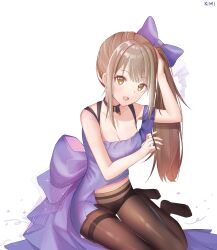 Rule 34 | 1girl, black panties, bow, breasts, brown hair, cleavage, commentary, dress, girls&#039; frontline, hair bow, hair tie, highres, k2 (before dawn) (girls&#039; frontline), k2 (girls&#039; frontline), kimi (jxrm5387), large breasts, looking at viewer, official alternate costume, open mouth, panties, panties under pantyhose, pantyhose, purple bow, purple dress, side ponytail, simple background, smile, solo, tying hair, underwear, white background