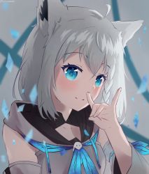 Rule 34 | 1girl, ahoge, animal ears, antenna hair, blue eyes, closed mouth, crossed bangs, fox ears, fox girl, grey background, highres, hololive, light blush, looking at viewer, looking to the side, shaded face, shirakami fubuki, shirakami fubuki (1st costume), shironekokfp, simple background, smile, virtual youtuber, white hair