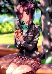 Rule 34 | absurdres, blazer, blue eyes, blurry, blurry background, bow, buttons, closed mouth, day, fingernails, food, hair over one eye, highres, holding, jacket, lips, long sleeves, miyatsuki yuna, original, outdoors, piromizu, pleated skirt, purple hair, scan, school uniform, sitting, skirt, solo, striped, tree