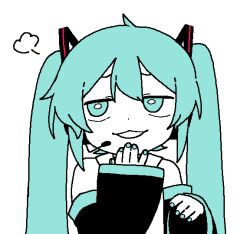 Rule 34 | 1girl, :3, bbyong403, blue eyes, blue hair, blue nails, commentary, detached sleeves, furrowed brow, hair ornament, hand to own mouth, hand up, hatsune miku, headset, jaggy lines, long hair, long sleeves, looking to the side, open mouth, partially colored, puff of air, shirt, simple background, sleeveless, sleeveless shirt, sleeves past wrists, smirk, smug, solo, twintails, upper body, vocaloid, wide sleeves