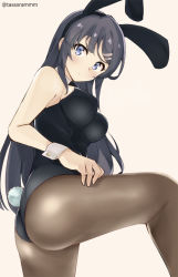 Rule 34 | 10s, 1girl, :o, animal ears, ass, bare arms, bare shoulders, black hair, black hairband, black leotard, blue eyes, blush, breasts, brown background, brown pantyhose, commentary request, detached collar, fake animal ears, female focus, from behind, from below, hair ornament, hairband, hairclip, head down, large breasts, leotard, long hair, looking at viewer, looking down, pantyhose, playboy bunny, rabbit ears, rabbit tail, sakurajima mai, seishun buta yarou, simple background, solo, strapless, strapless leotard, tail, tasora, twitter username, very long hair, white background, wrist cuffs
