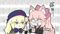 Rule 34 | 2girls, animal ears, artoria caster (fate), artoria caster (second ascension) (fate), artoria pendragon (fate), beret, black-framed eyewear, black bodysuit, black gloves, blonde hair, blood, blood from mouth, blue bow, blue cloak, blue headwear, bodysuit, bow, chibi, cloak, closed mouth, commentary request, cup, fang, fangs, fate/grand order, fate (series), fox ears, fox girl, fox tail, glasses, gloves, green eyes, hair between eyes, hair bow, hat, holding, holding cup, intravenous drip, koyanskaya (fate), mug, multiple girls, nyaru (nyaru 4126), parted lips, pink bow, pink hair, ponytail, semi-rimless eyewear, shirt, simple background, sweat, tail, tamamo (fate), text background, translation request, twintails, under-rim eyewear, upper body, white background, white shirt, yellow eyes