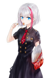 Rule 34 | 1girl, admiral graf spee (azur lane), admiral graf spee (girl&#039;s sunday) (azur lane), azur lane, black dress, blue eyes, bugles (food), chips (food), dress, food, highres, holding, holding food, looking at viewer, mouth hold, multicolored hair, necktie, official alternate costume, red necktie, short hair, silver hair, solo, standing, suprii, white background