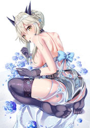 Rule 34 | 1girl, absurdres, artoria pendragon (fate), artoria pendragon (lancer alter) (fate), artoria pendragon (lancer alter) (royal icing) (fate), ass, babydoll, bare shoulders, black panties, blonde hair, blue flower, blue rose, braid, breasts, choker, closed mouth, fate/grand order, fate (series), feet, flower, french braid, from behind, full body, gatari, gloves, hair between eyes, highres, jewelry, large breasts, lingerie, looking at viewer, looking back, official alternate costume, panties, revealing clothes, rose, see-through, seiza, sideboob, sidelocks, simple background, sitting, solo, thighhighs, thighs, underwear, white background, yellow eyes