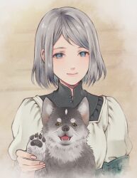 Rule 34 | 1girl, aged down, animal, blue eyes, closed mouth, commentary request, dog, dress, final fantasy, final fantasy xvi, grey hair, high collar, highres, holding, holding animal, holding dog, jill warrick, juliet sleeves, long sleeves, looking at viewer, puffy sleeves, puppy, quichi 91, short hair, smile, swept bangs, torgal (ff16), upper body, waving, white dress
