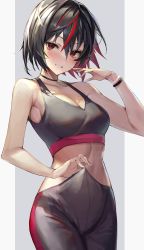 Rule 34 | 1girl, :d, absurdres, bare arms, bare shoulders, black choker, black hair, black pants, blush, breasts, choker, cleavage, collarbone, cowboy shot, grey background, grin, highres, kabi (zcwd8845), looking at viewer, medium breasts, midriff, multicolored hair, open mouth, original, pants, pants lift, parted lips, red eyes, red hair, short hair, simple background, smile, solo, sports bra, streaked hair, two-tone hair, wristband