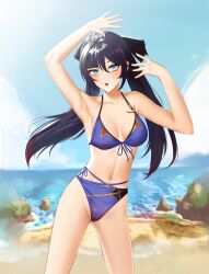 Rule 34 | 1girl, absurdres, anoreika tomoe, aqua eyes, armpits, arms up, beach, bikini, black hair, blue bikini, blue sky, breasts, cloud, collarbone, cowboy shot, day, genshin impact, highres, long hair, looking at viewer, medium breasts, mona (genshin impact), navel, ocean, open mouth, outdoors, sky, solo, stomach, swimsuit, twintails